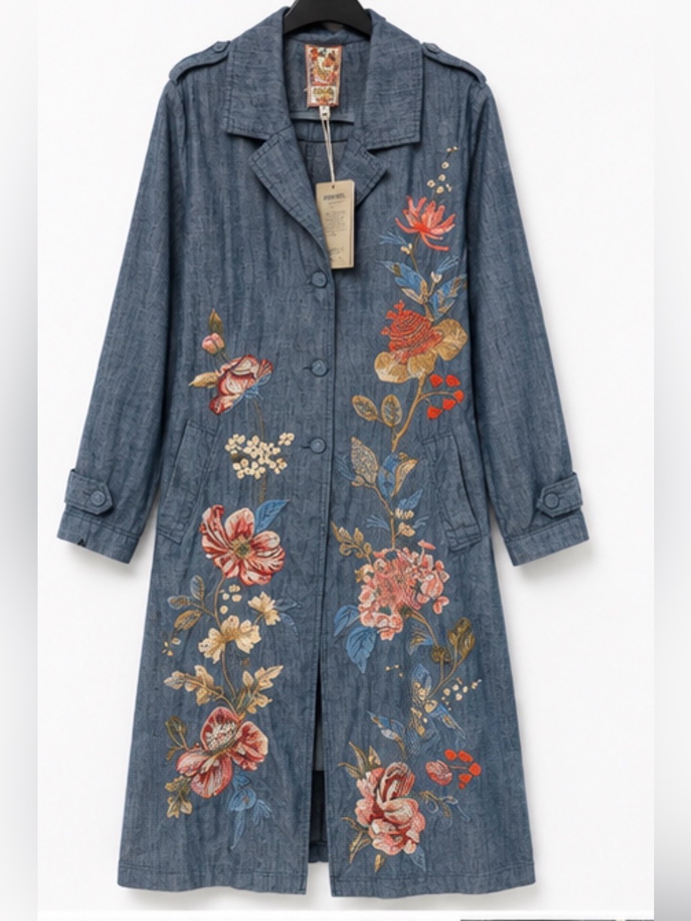 Johnny Was NWT Embroidered Chambray Trench Coat Duster Blue Small $448